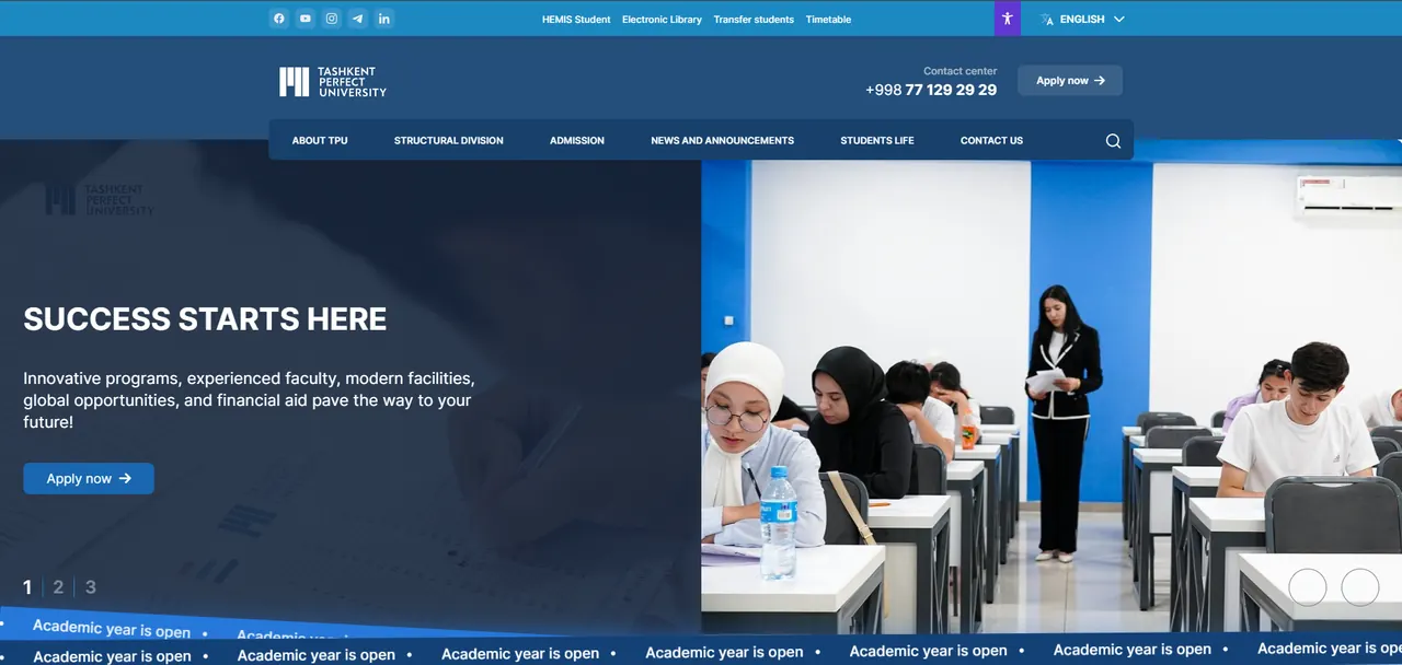 Home page of the Tashkent Perfect University website